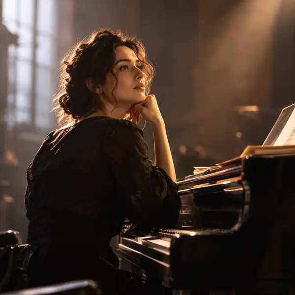 Portrait of a thoughtful musician in soft studio light, classical album art