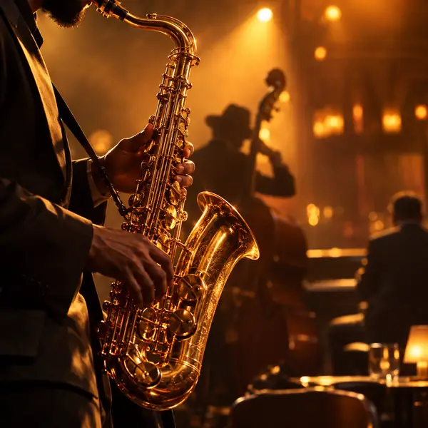 Close-up of a saxophone glowing under amber stage lights, rich jazz album art