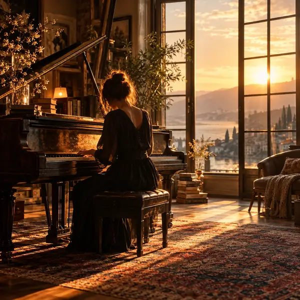 Vintage piano in a warm room beside a tall glowing window, soulful album art